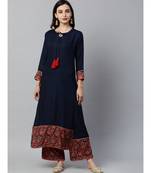 Indo Era Navy Blue Solid Straight Kurta Palazzo with Dupatta Sets