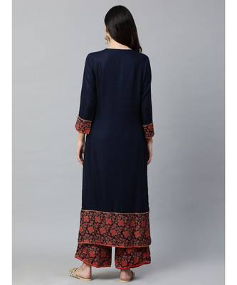 Indo Era Navy Blue Solid Straight Kurta Palazzo with Dupatta Sets 2