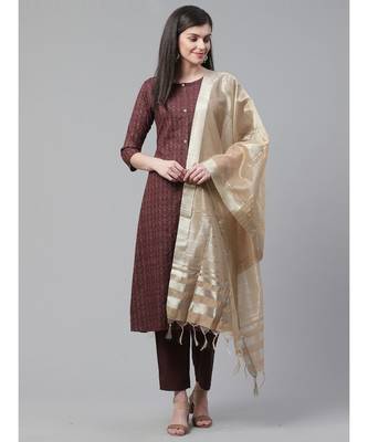 Indo Era Brown Foil Printed A-Line Kurta Pant with Dupatta Set 1