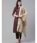 Indo Era Brown Foil Printed A-Line Kurta Pant with Dupatta Set
