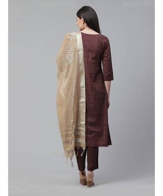Indo Era Brown Foil Printed A-Line Kurta Pant with Dupatta Set 3