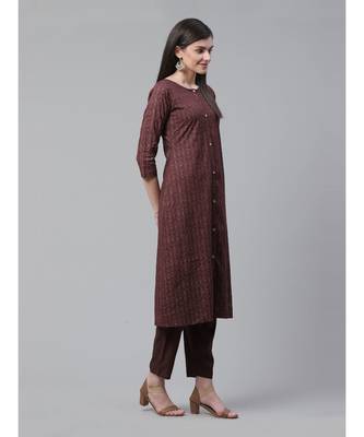 Indo Era Brown Foil Printed A-Line Kurta Pant with Dupatta Set 4