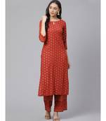 Indo Era Red Foil Floral Printed Straight Kurta with Palazzo Set