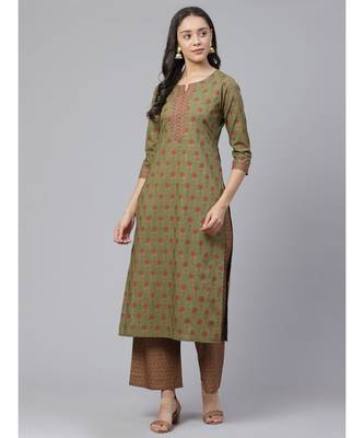 Indo Era Green Foil Floral Printed Straight Kurta with Palazzo Set 1