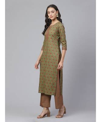 Indo Era Green Foil Floral Printed Straight Kurta with Palazzo Set 2