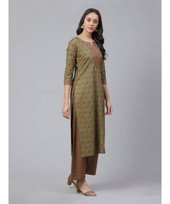 Indo Era Green Foil Floral Printed Straight Kurta with Palazzo Set 4