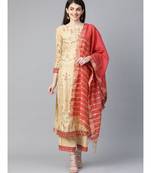 Indo Era Beige Foil Printed Straight Kurta with Palazzo Dupatta Set