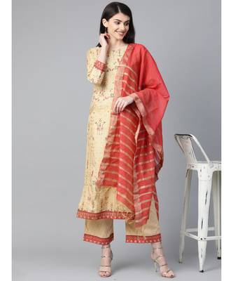 Indo Era Beige Foil Printed Straight Kurta with Palazzo Dupatta Set 2