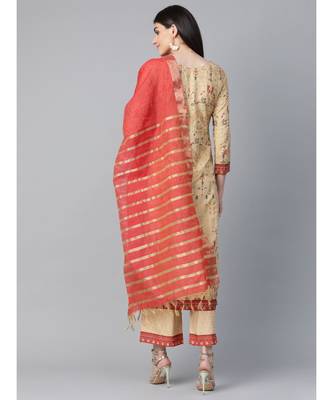 Indo Era Beige Foil Printed Straight Kurta with Palazzo Dupatta Set 3