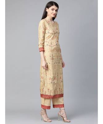 Indo Era Beige Foil Printed Straight Kurta with Palazzo Dupatta Set 4