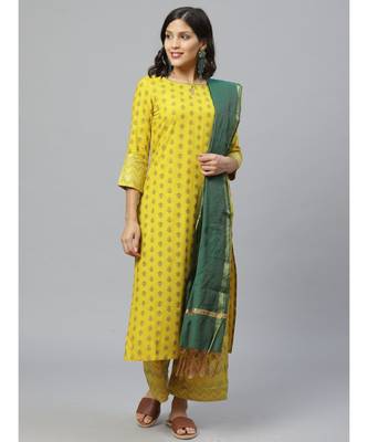 Indo Era Yellow Foil Printed Straight Kurta Set 1