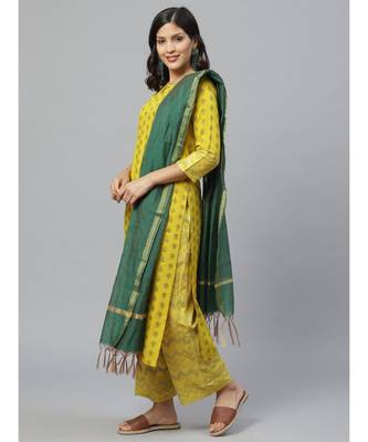 Indo Era Yellow Foil Printed Straight Kurta Set 2