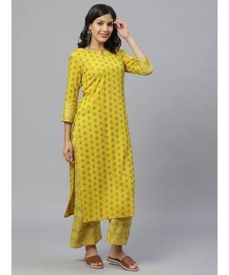 Indo Era Yellow Foil Printed Straight Kurta Set 4