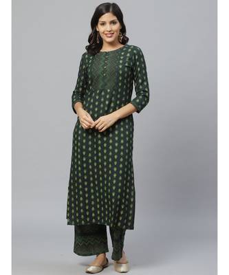 Indo Era Green Foil Printed Straight Kurta Set 1
