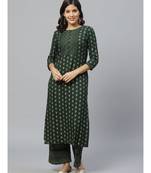 Indo Era Green Foil Printed Straight Kurta Set