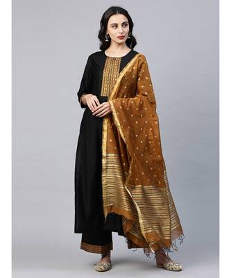 Indo Era Black Solid Straight Kurta Palazzo with Dupatta Set 1