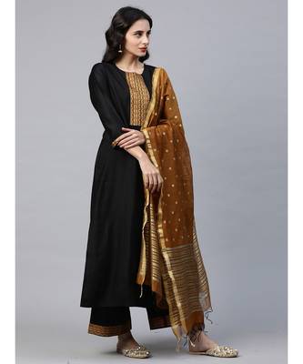 Indo Era Black Solid Straight Kurta Palazzo with Dupatta Set 4