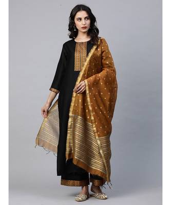 Indo Era Black Solid Straight Kurta Palazzo with Dupatta Set 5