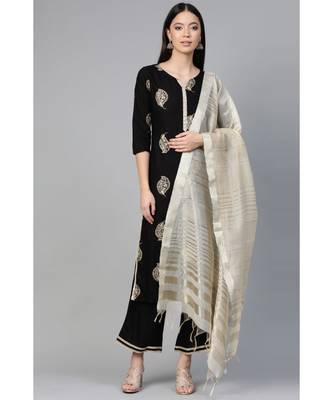Indo Era Black Foil Floral Printed Straight Kurta Palazzo with Dupatta Set 1