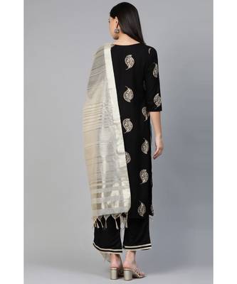 Indo Era Black Foil Floral Printed Straight Kurta Palazzo with Dupatta Set 2
