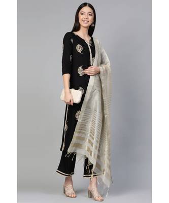 Indo Era Black Foil Floral Printed Straight Kurta Palazzo with Dupatta Set 3