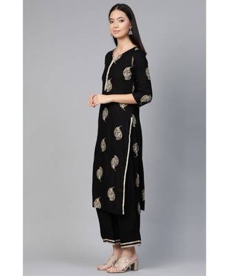 Indo Era Black Foil Floral Printed Straight Kurta Palazzo with Dupatta Set 4