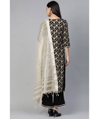 Indo Era Black Foil Floral Printed Straight Kurta Palazzo with Dupatta Set 2