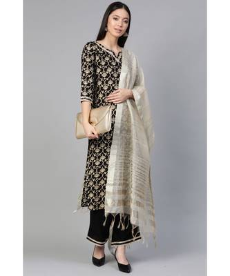 Indo Era Black Foil Floral Printed Straight Kurta Palazzo with Dupatta Set 3