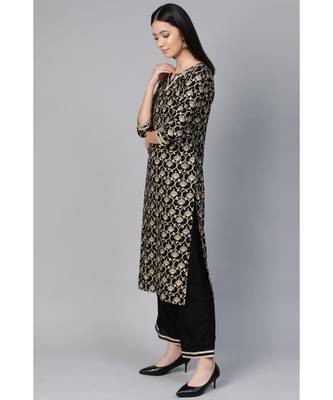 Indo Era Black Foil Floral Printed Straight Kurta Palazzo with Dupatta Set 4