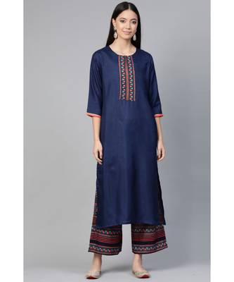 Indo Era Navy Blue Solid Straight Kurta with Palazzo Set 1