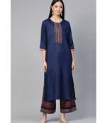 Indo Era Navy Blue Solid Straight Kurta with Palazzo Set