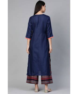 Indo Era Navy Blue Solid Straight Kurta with Palazzo Set 2