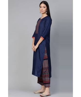 Indo Era Navy Blue Solid Straight Kurta with Palazzo Set 3