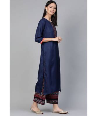 Indo Era Navy Blue Solid Straight Kurta with Palazzo Set 4