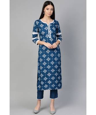 Indo Era Blue Floral Foil Printed Straight Kurta with Palazzo Set 1
