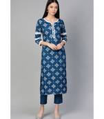 Indo Era Blue Floral Foil Printed Straight Kurta with Palazzo Set