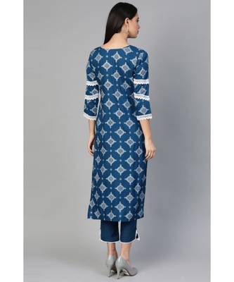 Indo Era Blue Floral Foil Printed Straight Kurta with Palazzo Set 2