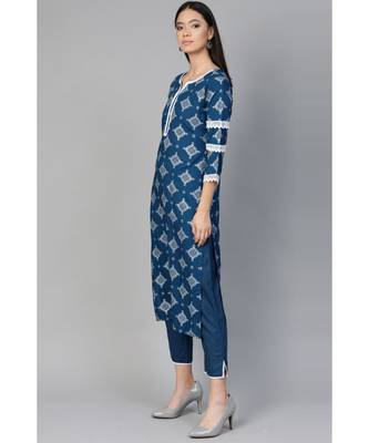 Indo Era Blue Floral Foil Printed Straight Kurta with Palazzo Set 3