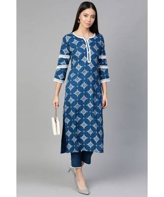 Indo Era Blue Floral Foil Printed Straight Kurta with Palazzo Set 4