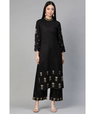 Indo Era Black Embroidered Straight Kurta Palazzo with Dupatta Set 1