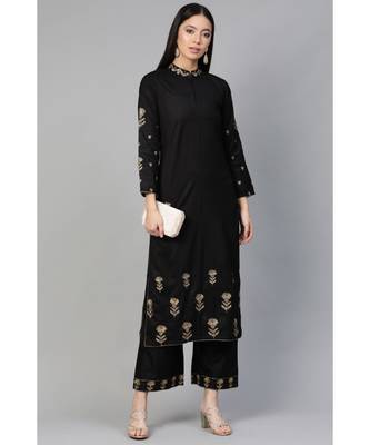 Indo Era Black Embroidered Straight Kurta Palazzo with Dupatta Set 3