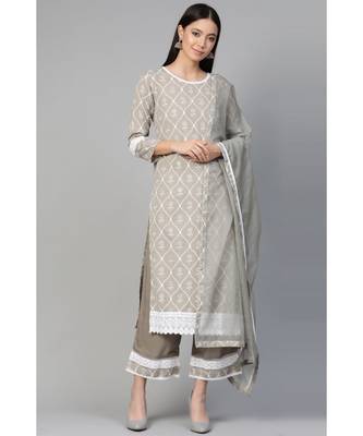Indo Era Grey Foil Floral Printed Straight Kurta with Palazzo Set 1