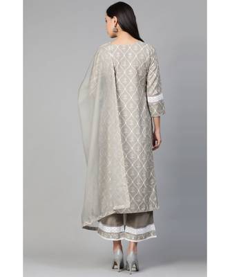 Indo Era Grey Foil Floral Printed Straight Kurta with Palazzo Set 2