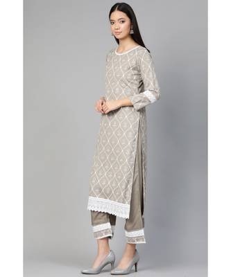 Indo Era Grey Foil Floral Printed Straight Kurta with Palazzo Set 3