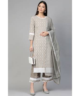 Indo Era Grey Foil Floral Printed Straight Kurta with Palazzo Set 4