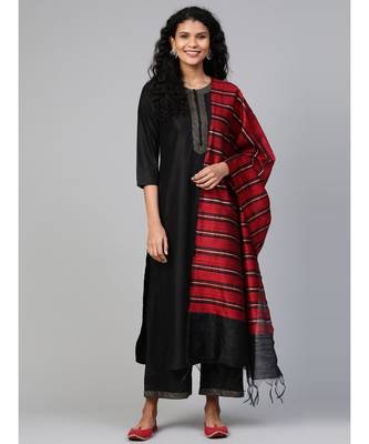 Indo Era Black Solid Straight Kurta Palazzo with Dupatta Set 1