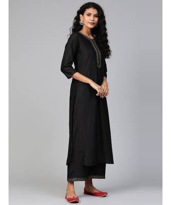 Indo Era Black Solid Straight Kurta Palazzo with Dupatta Set 3