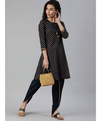Indo Era Navy Blue Foil Printed A-Line Kurta with Palazzo Set 1