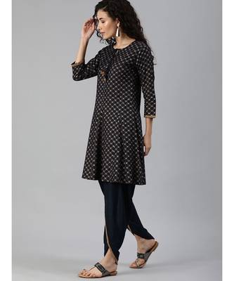 Indo Era Navy Blue Foil Printed A-Line Kurta with Palazzo Set 3