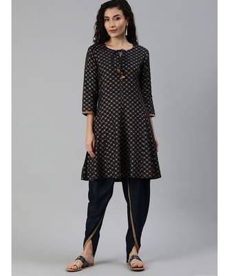 Indo Era Navy Blue Foil Printed A-Line Kurta with Palazzo Set 4